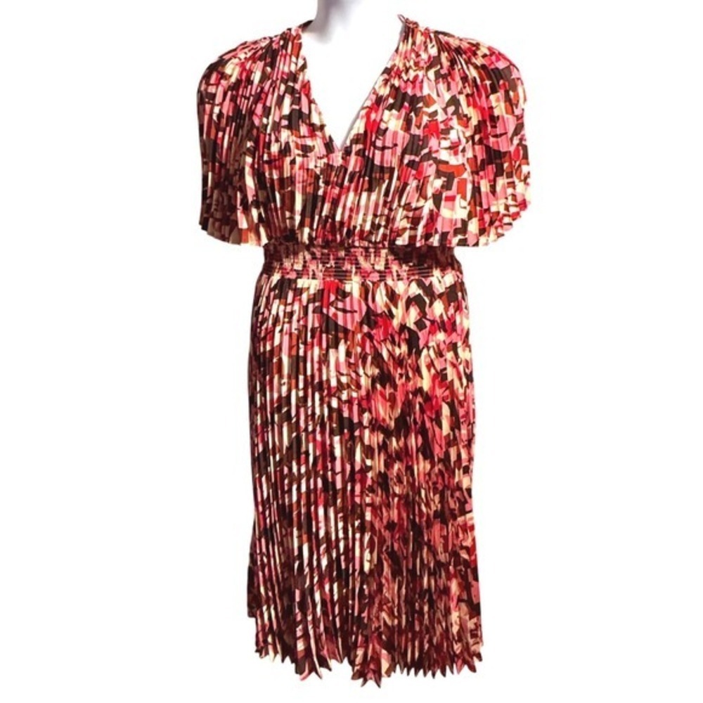 Preppy Academia Pleated A-line Midi Dress Smocked Maximalist Flutter Sleeve - Picture 2 of 15